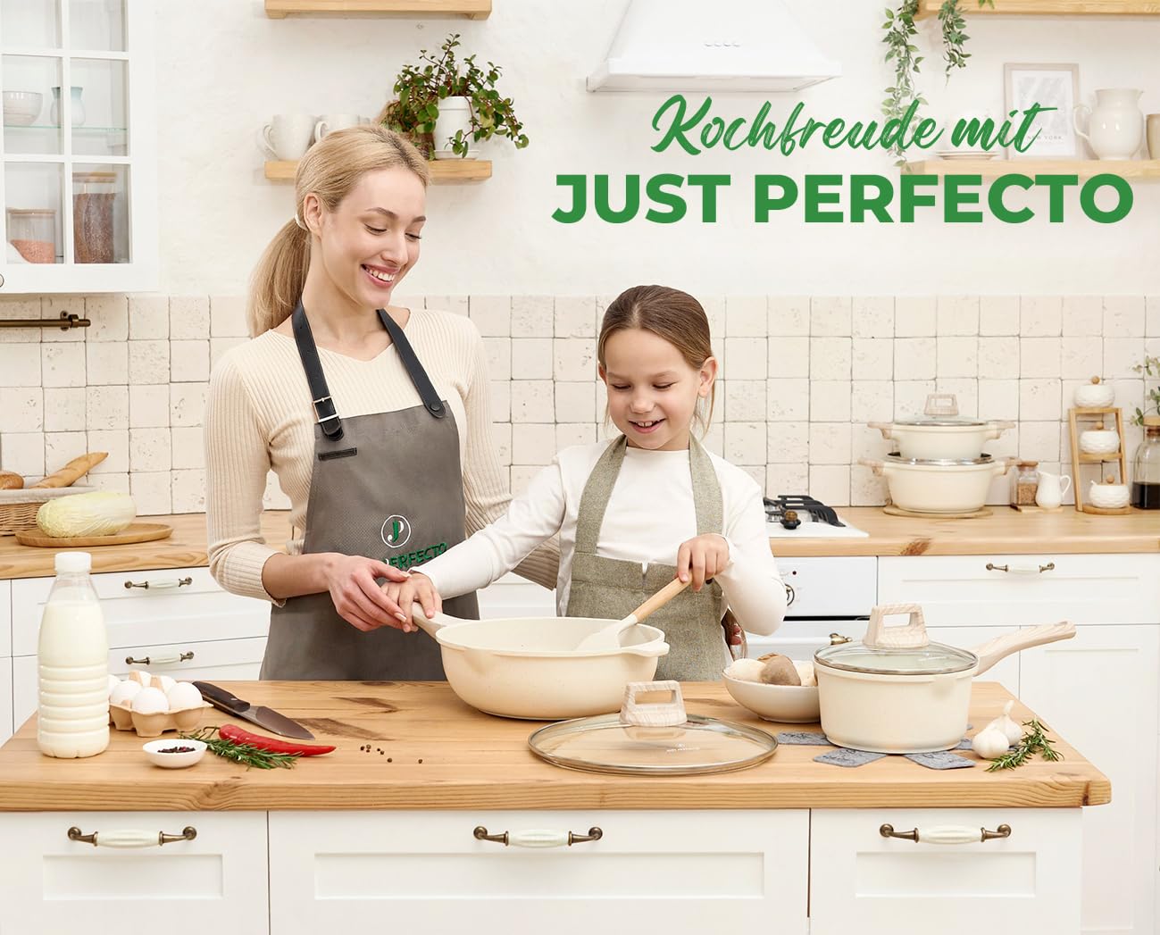 „JUST PERFECTO Topf- und Pfannenset Induktion 15-teilig Beige – ohne PTFE & PFOA, mit Deckel“
