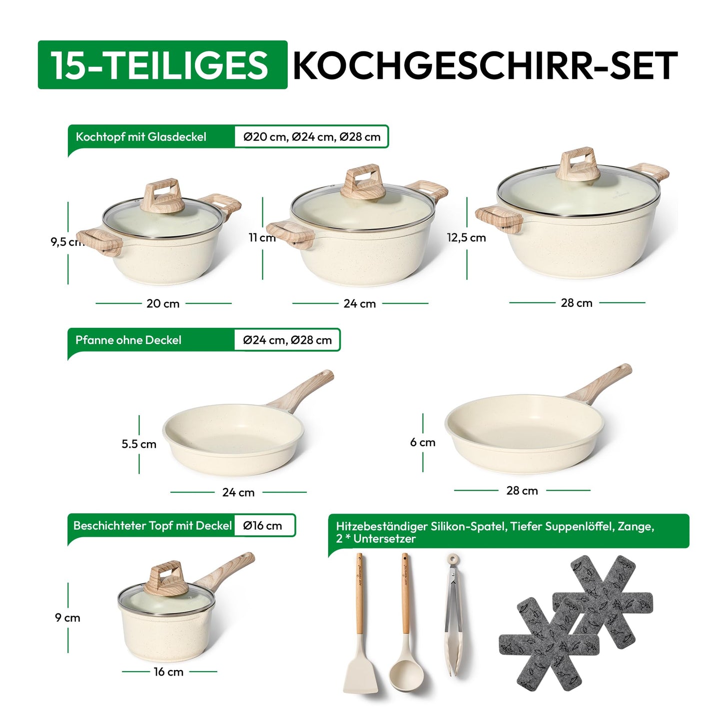 „JUST PERFECTO Topf- und Pfannenset Induktion 15-teilig Beige – ohne PTFE & PFOA, mit Deckel“