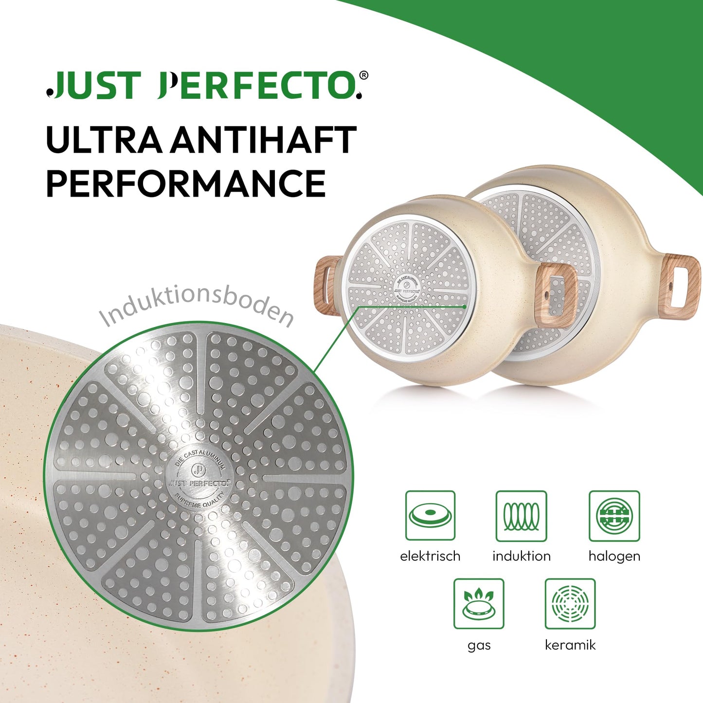 „JUST PERFECTO Topf- und Pfannenset Induktion 15-teilig Beige – ohne PTFE & PFOA, mit Deckel“