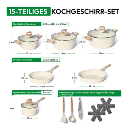 „JUST PERFECTO Topf- und Pfannenset Induktion 15-teilig Beige – ohne PTFE & PFOA, mit Deckel“